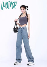 Lunivop Light Blue Stripe Women’s High Waisted Straight Jeans Summer New Basic Style Paired Loose